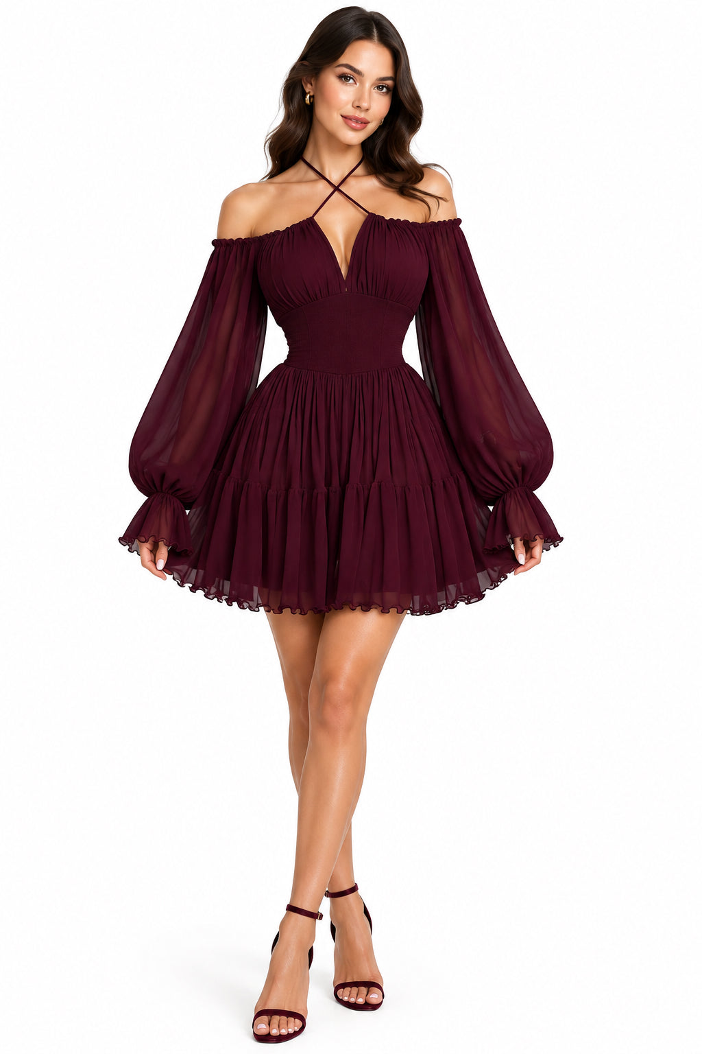 V-Neck Cross-Tie Mesh Long Sleeve High-Waist Flared Mini Dress – Women's Sweet Vacation Dress