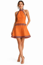 Halter Neck Striped Trim Sleeveless A-Line Midi Dress – Women's Sweet Casual Dress