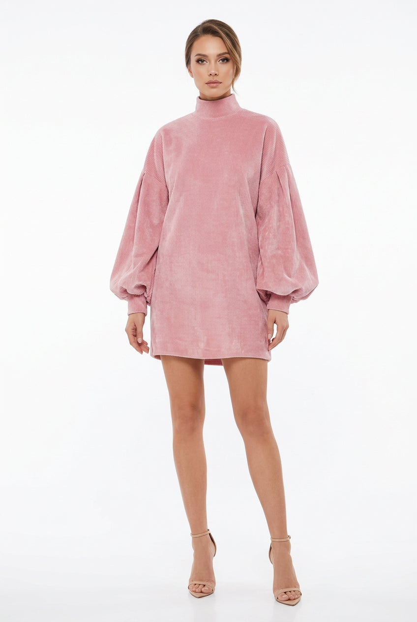 High-Neck Ribbed Puff-Sleeve Mini Dress