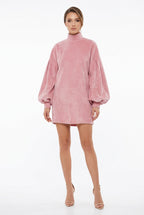 High-Neck Ribbed Puff-Sleeve Mini Dress