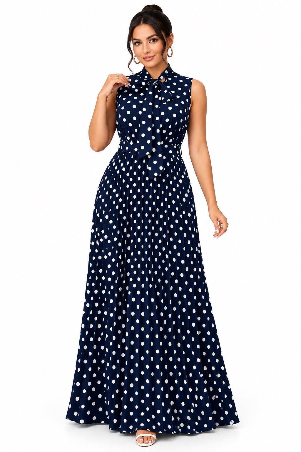 Plus Size Polka Dot Sleeveless Tie-Waist A-Line Midi Dress – Women's Elegant Curvy Dress