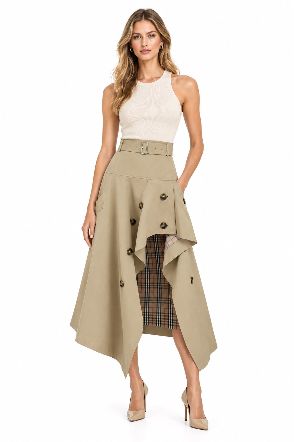 High-Waist Elastic-Waist Spliced A-Line Flared Midi Skirt – Women's Casual Everyday Skirt
