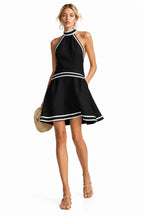 Halter Neck Striped Trim Sleeveless A-Line Midi Dress – Women's Sweet Casual Dress