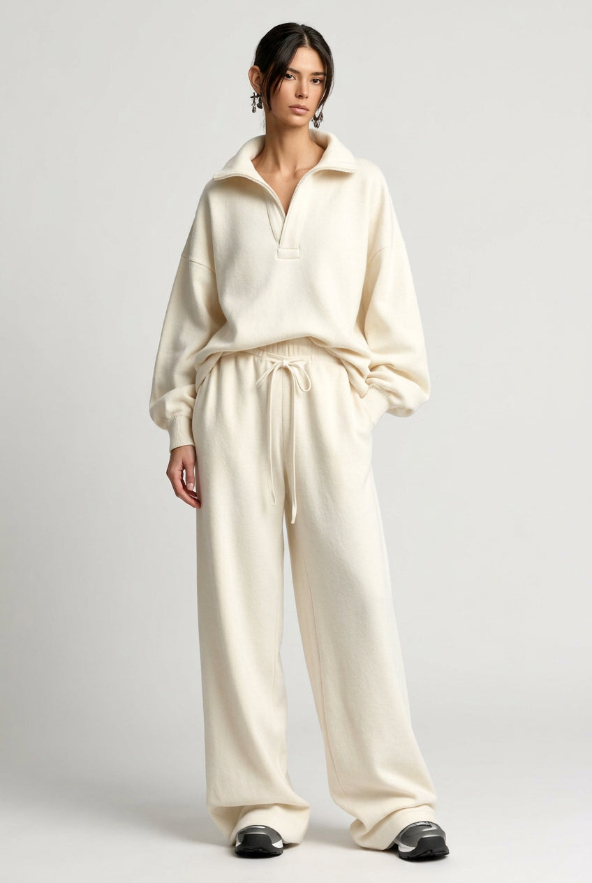 Relaxed Collared Top & Drawstring Straight-Leg Pants Set in Ivory White