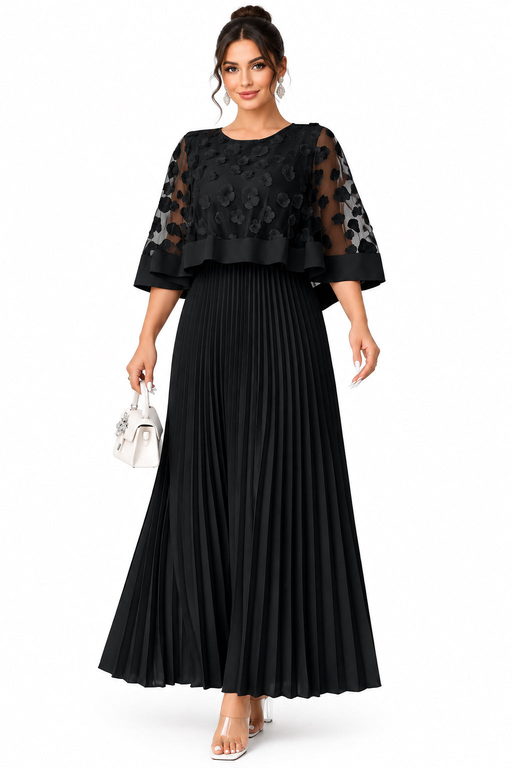 Plus Size Round-Neck Mesh Cape-Spliced Midi Dress – Women's Elegant Business Casual Dress