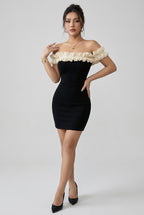 Black Off-Shoulder Contrast-Ruffle Bodycon Mini Dress – view 2
