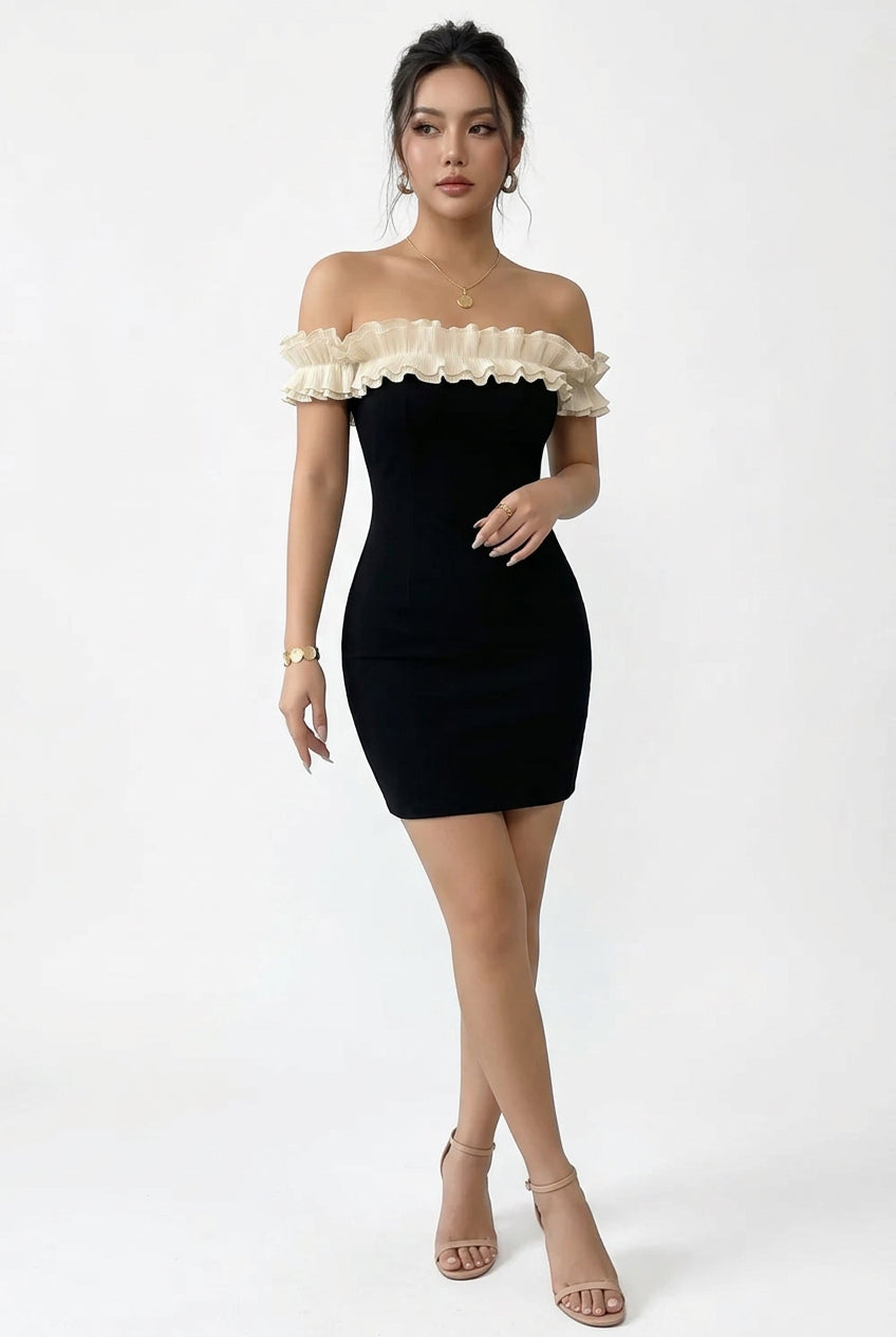 Black Off-Shoulder Contrast-Ruffle Bodycon Mini Dress – view 3