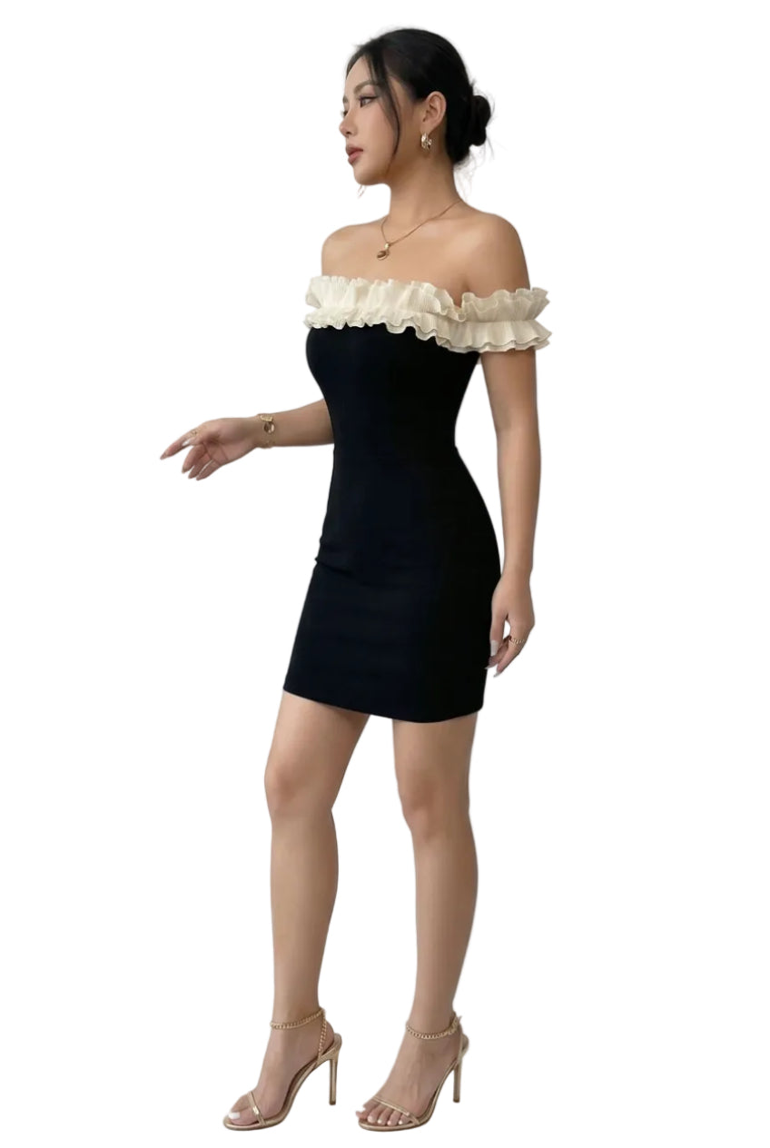 Black Off-Shoulder Contrast-Ruffle Bodycon Mini Dress – view 4