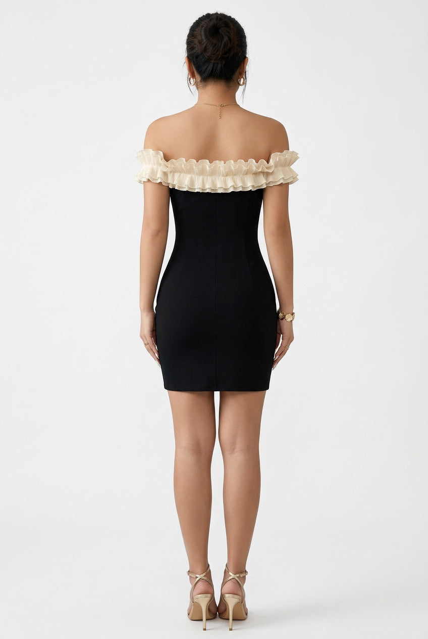 Black Off-Shoulder Contrast-Ruffle Bodycon Mini Dress – view 5