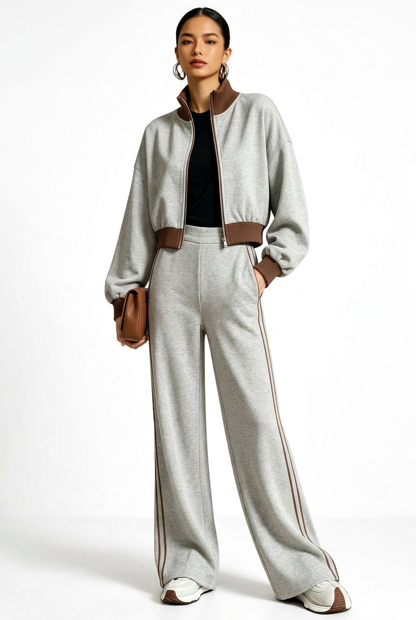 Contrast-Trim Bomber Jacket & Wide-Leg Pants Set in Light Gray