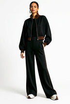 Contrast-Trim Bomber Jacket & Wide-Leg Pants Set in Black