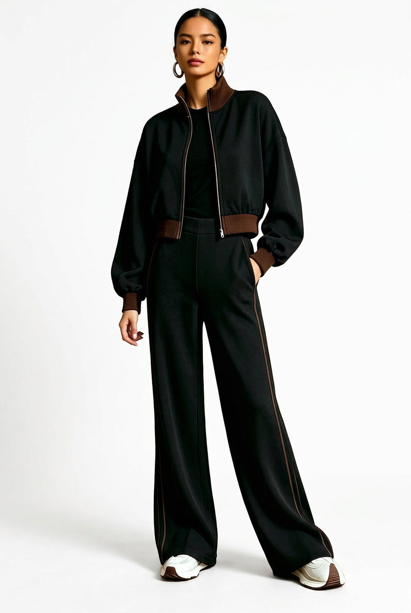 Contrast-Trim Bomber Jacket & Wide-Leg Pants Set in Black