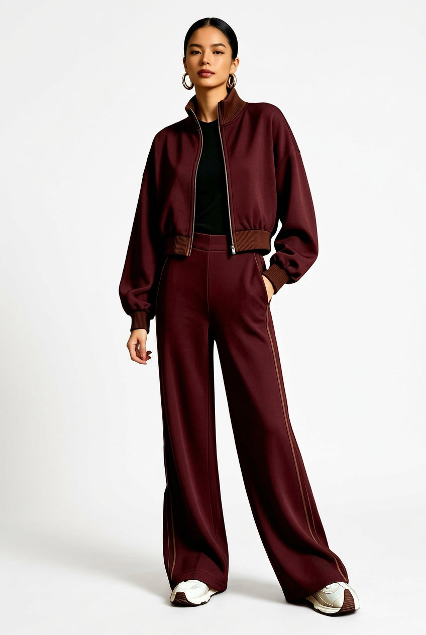 Contrast-Trim Bomber Jacket & Wide-Leg Pants Set in Wine Red