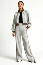 Contrast-Trim Bomber Jacket & Wide-Leg Pants Set – view 3
