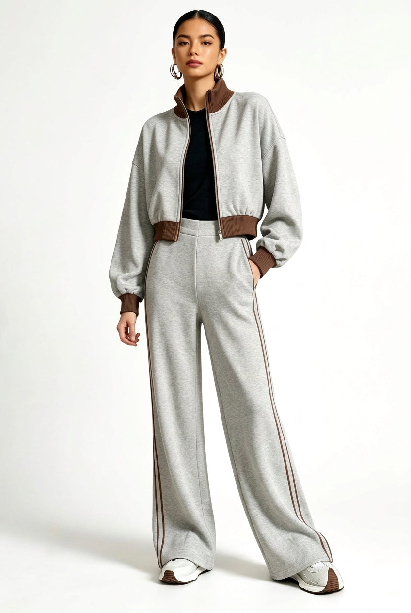 Contrast-Trim Bomber Jacket & Wide-Leg Pants Set – view 3