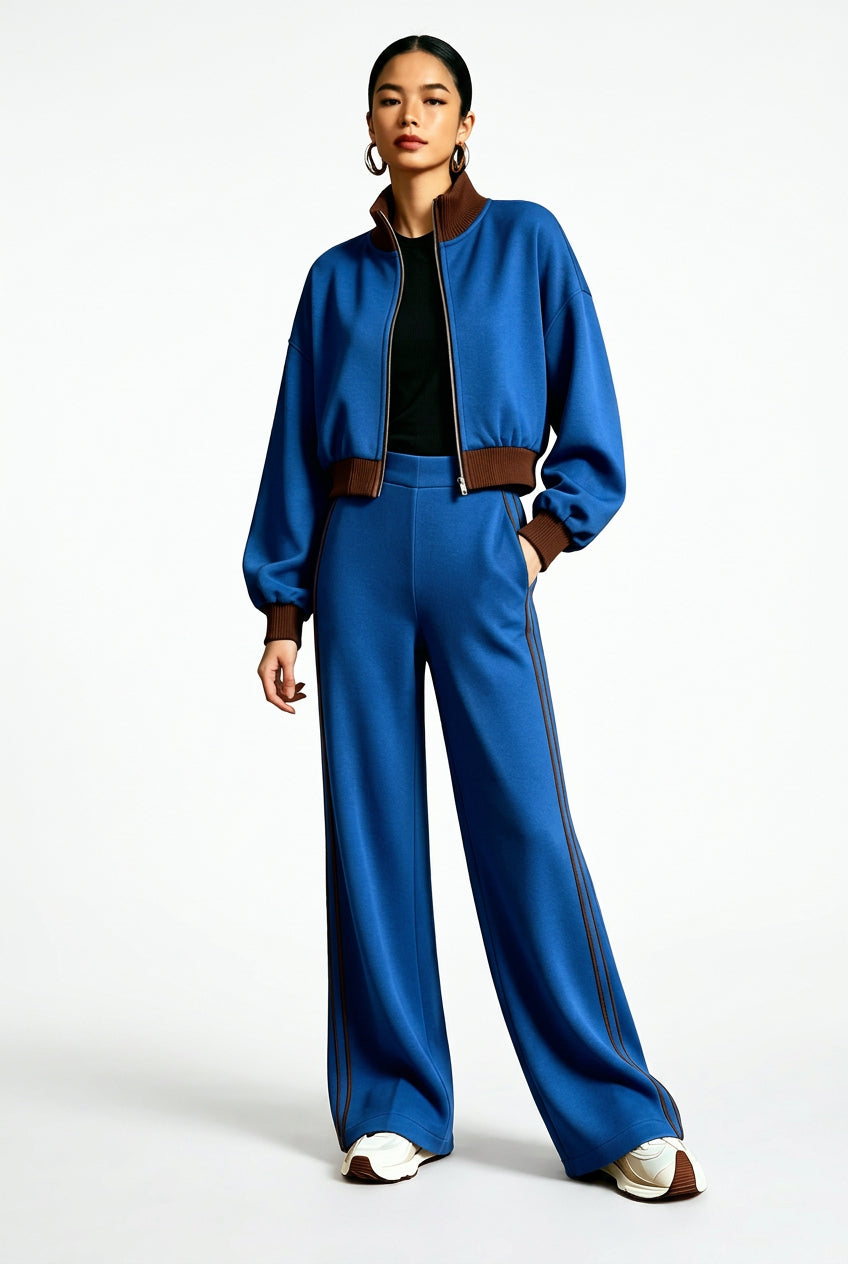 Contrast-Trim Bomber Jacket & Wide-Leg Pants Set in Sapphire Blue