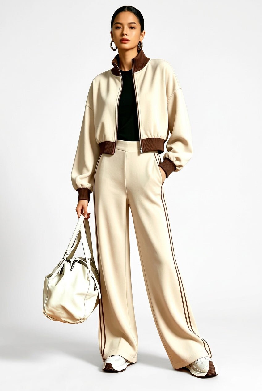 Contrast-Trim Bomber Jacket & Wide-Leg Pants Set in Apricot