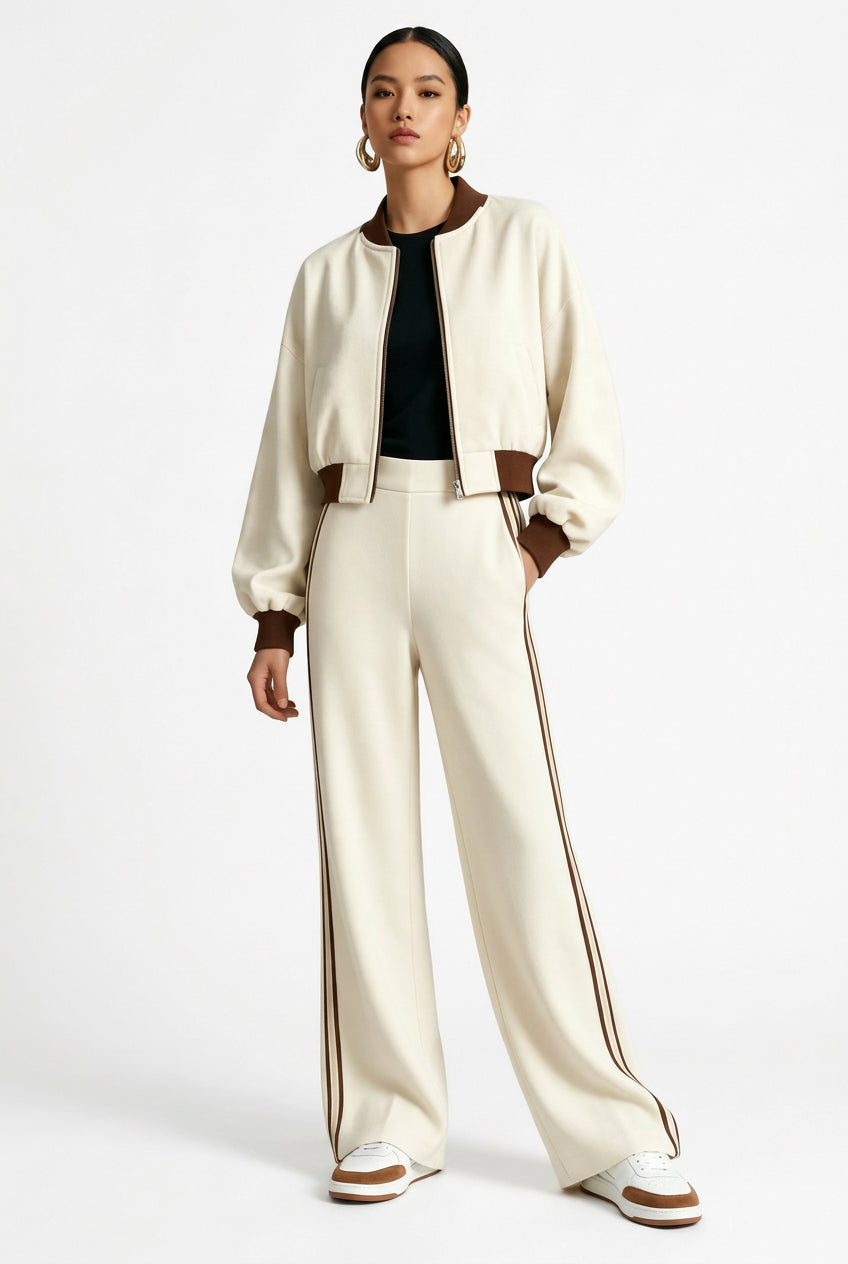 Contrast-Trim Bomber Jacket & Wide-Leg Pants Set in Beige
