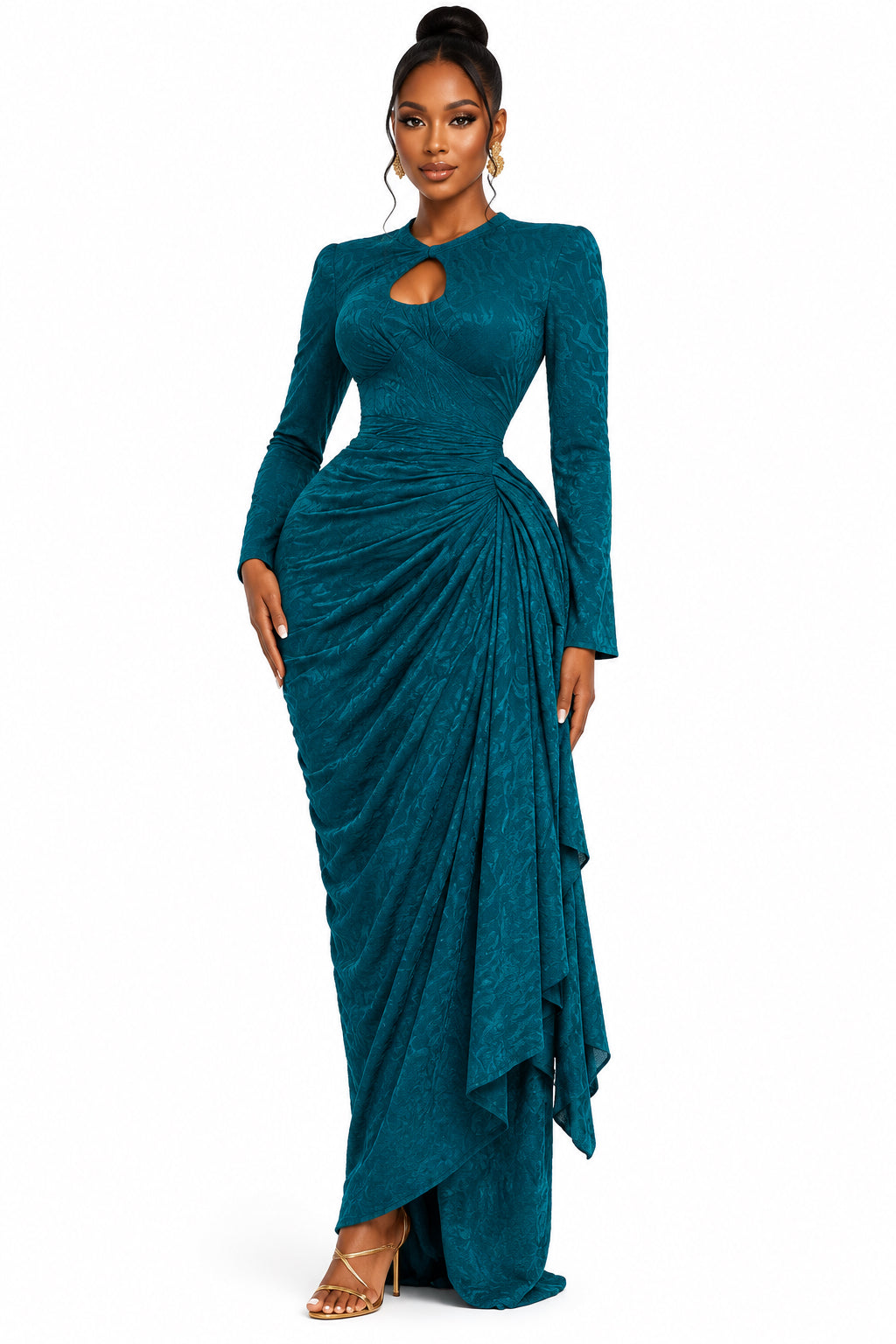 Jacquard Maxi Dress – Long Sleeve Ruched Bodycon with Tie Ribbon