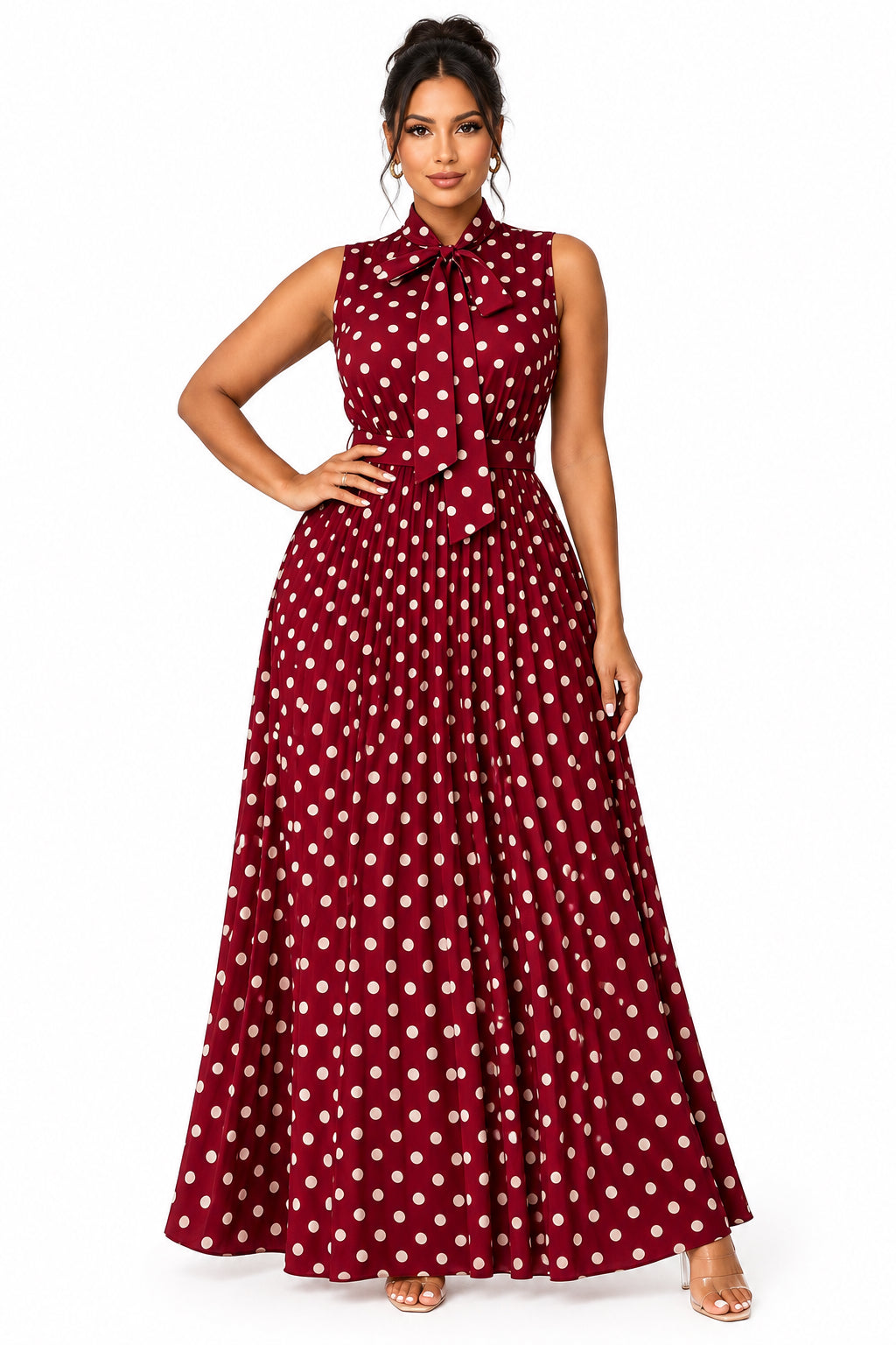 Plus Size Polka Dot Sleeveless Tie-Waist A-Line Midi Dress – Women's Elegant Curvy Dress