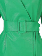 Green PU Leather Puff Sleeve Belted Wrap Jacket – Women's Luxury Statement Coat