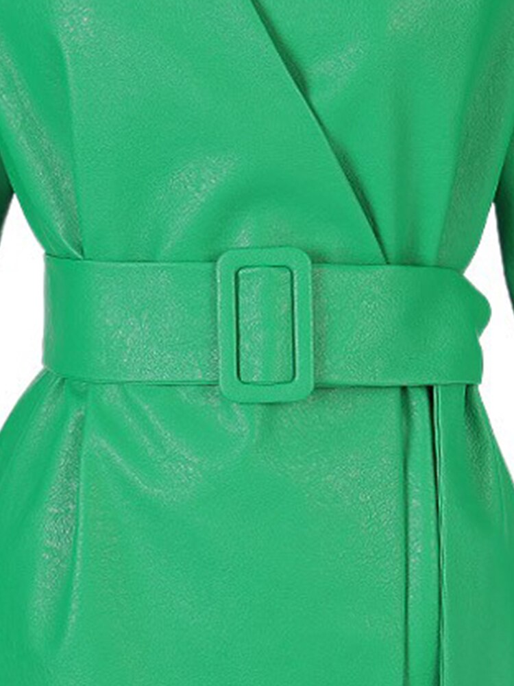 Green PU Leather Puff Sleeve Belted Wrap Jacket – Women's Luxury Statement Coat