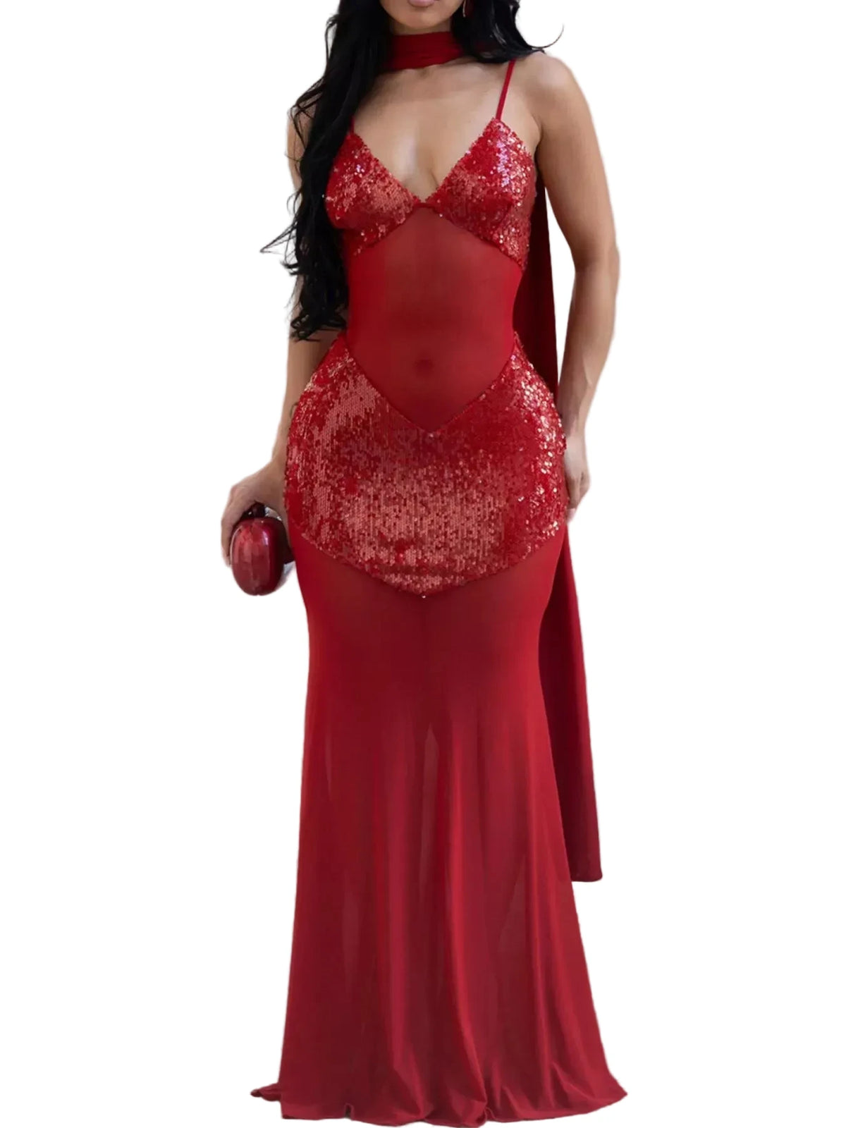 Sequin V-Neck Sheer Mesh Maxi Dress in Red