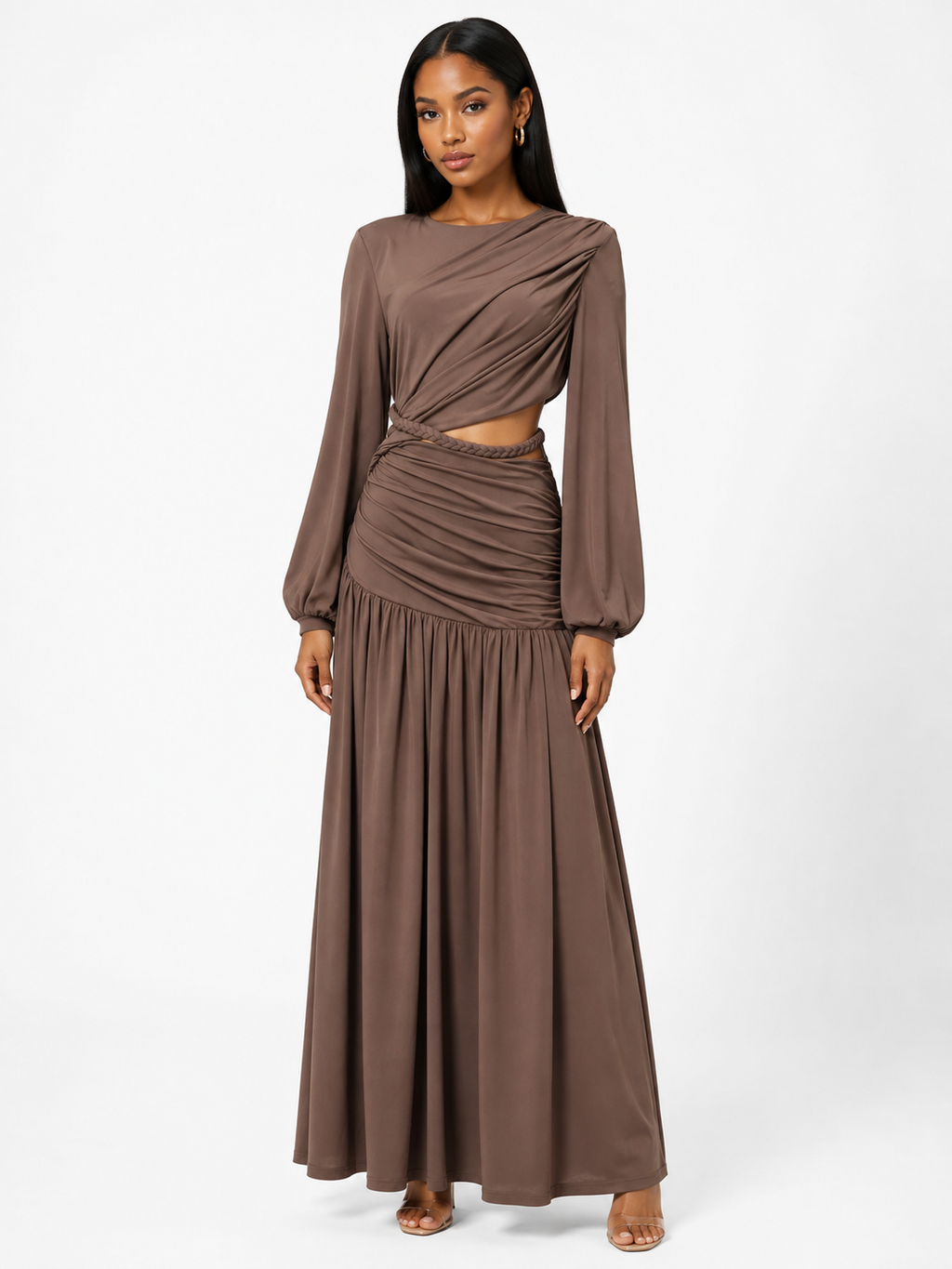 Ruched Long-Sleeve Maxi Dress with Cutout Detail