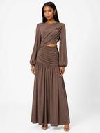 Ruched Long-Sleeve Maxi Dress with Cutout Detail