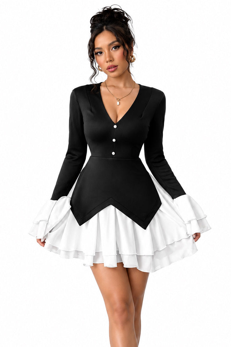 Color-Block Faux Two-Piece Pleated Ruffle Trim A-Line Mini Dress – Women's Elegant Long Sleeve Dress