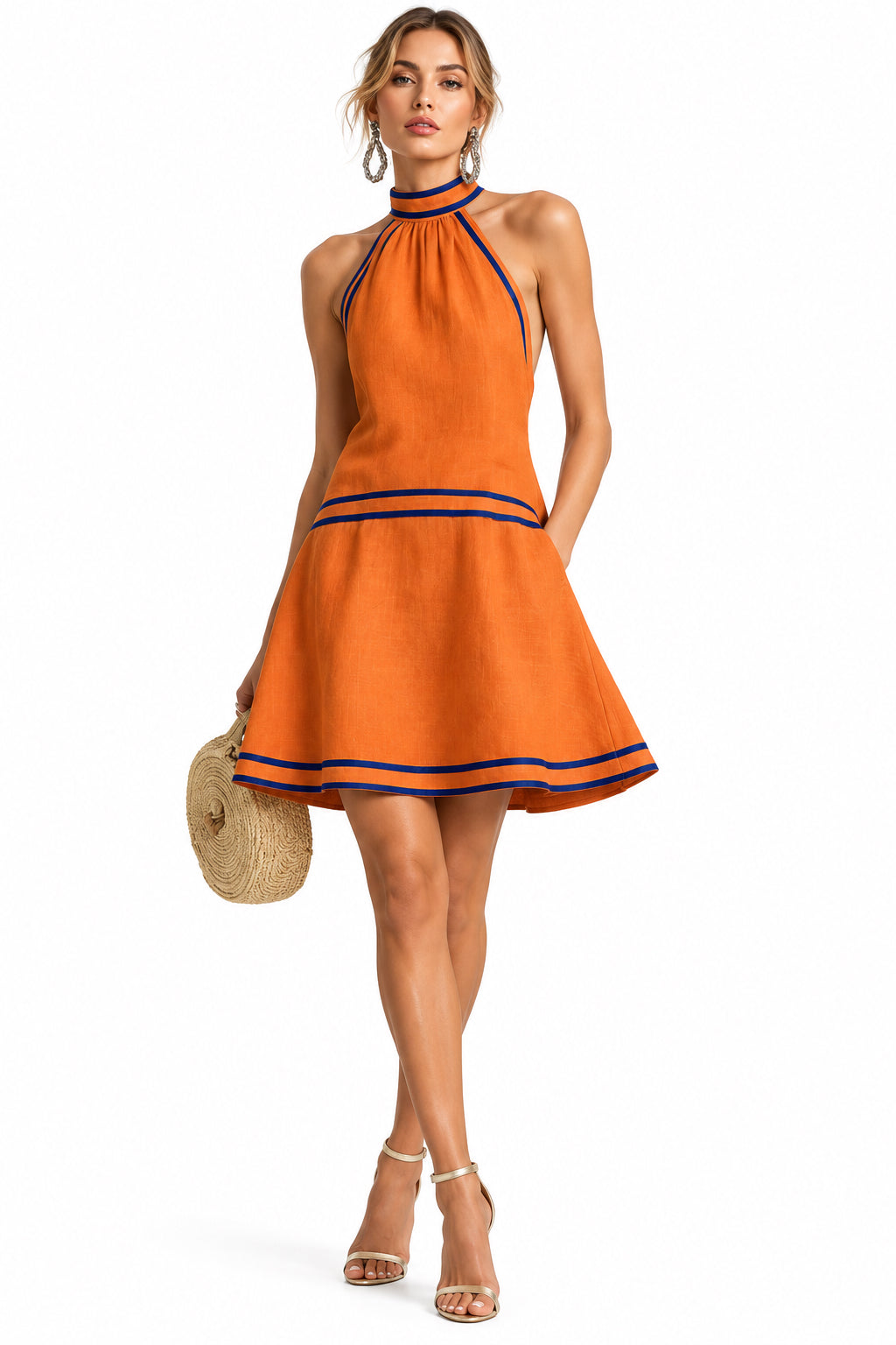 Halter Neck Striped Trim Sleeveless A-Line Midi Dress – Women's Sweet Casual Dress