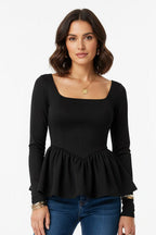 Ribbed Knit Long Sleeve Peplum Patchwork Top