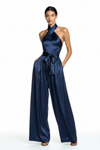 Women's Satin Waist-Cinching Slit Strap Evening Dress – Elegant Solid Color Gown