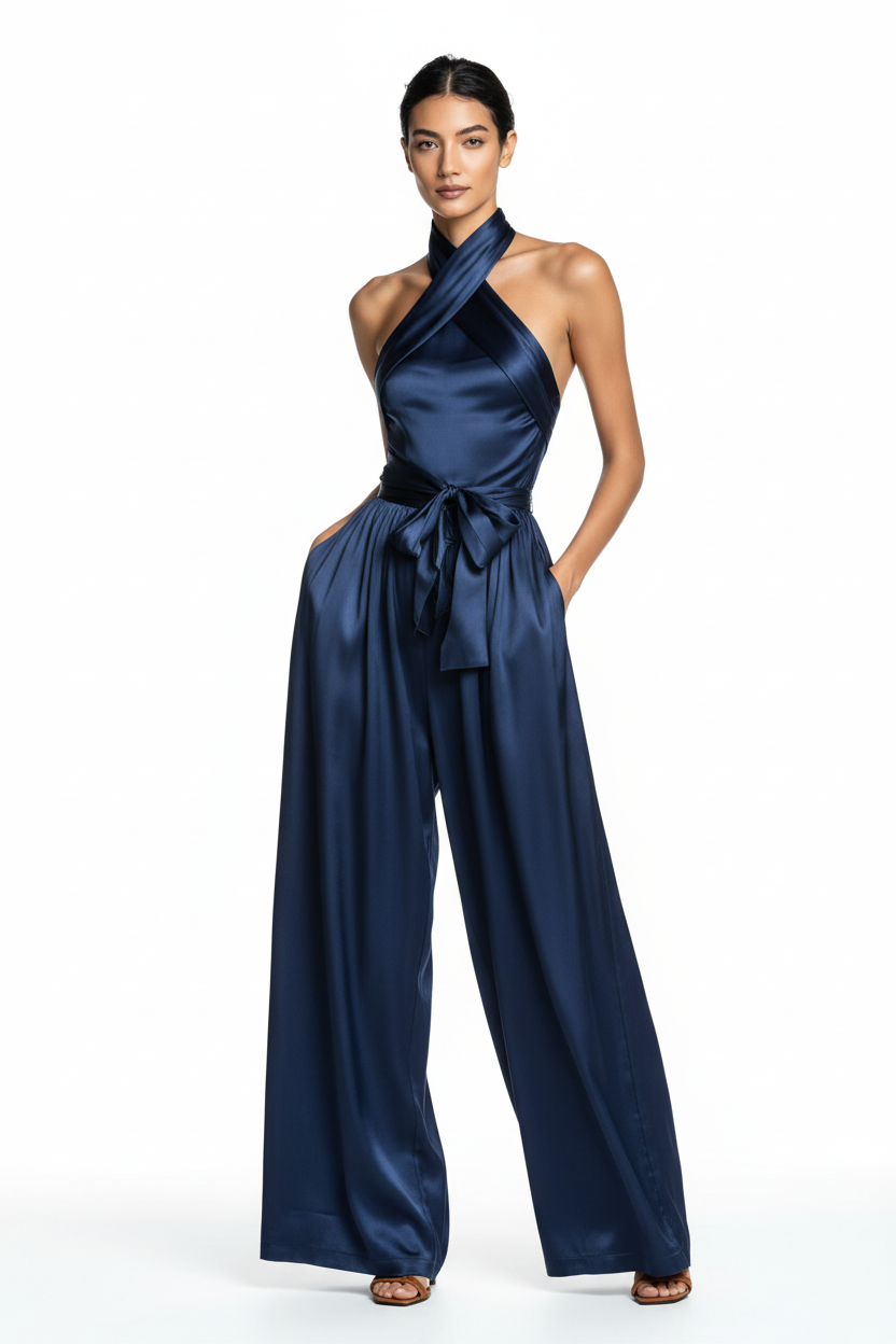Women's Satin Waist-Cinching Slit Strap Evening Dress – Elegant Solid Color Gown