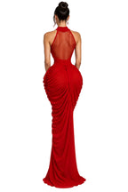 Round Neck Pleated Mesh Long Sleeve Slim-Fit Maxi Dress – Women's Elegant Evening Gown