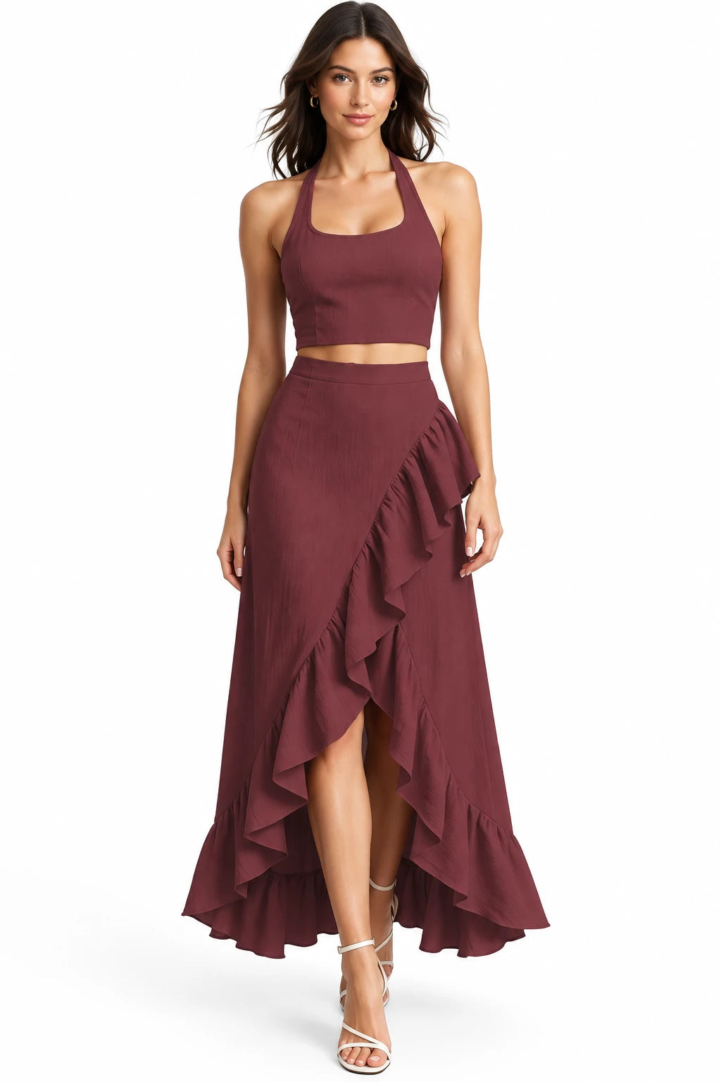 Halter Neck Crop Top and High-Low Maxi Skirt Two-Piece Set in Burgundy