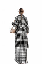 Houndstooth Suit-Collar Extra-Long Coat – Women's Classic Black Trench Coat