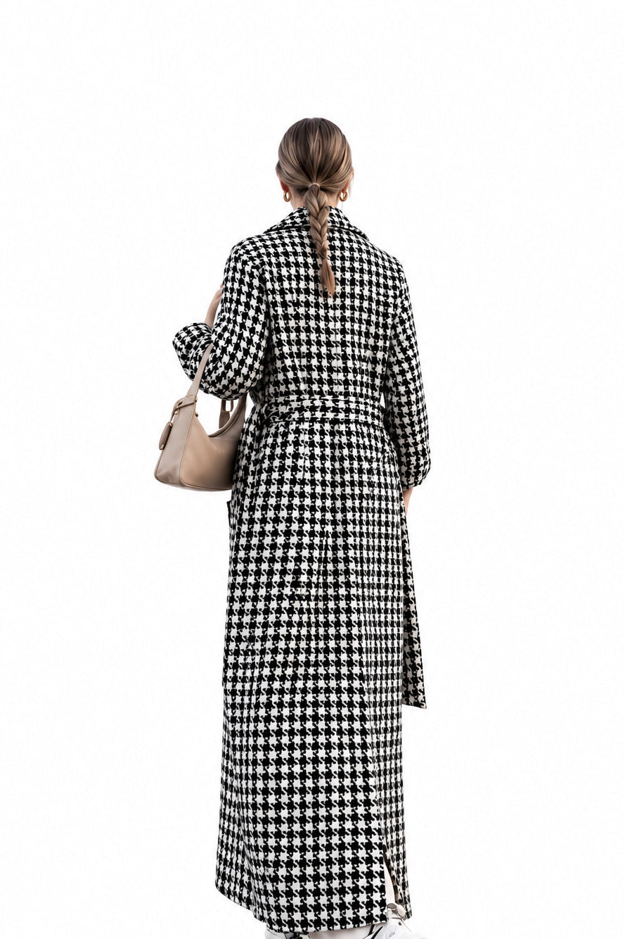 Houndstooth Suit-Collar Extra-Long Coat – Women's Classic Black Trench Coat