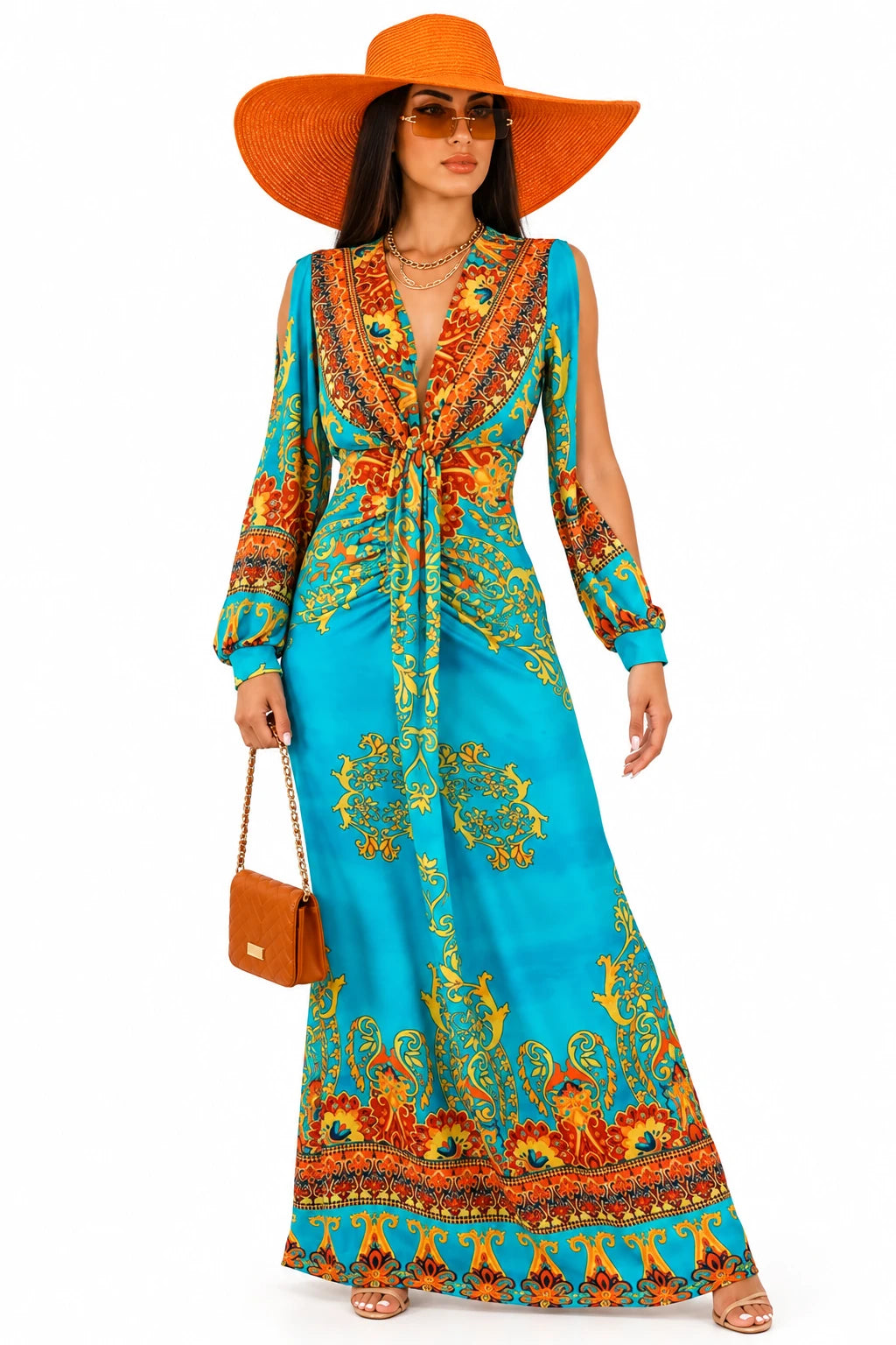 My Empire Printed Plunging-Neck Slit-Sleeve Maxi Dress
