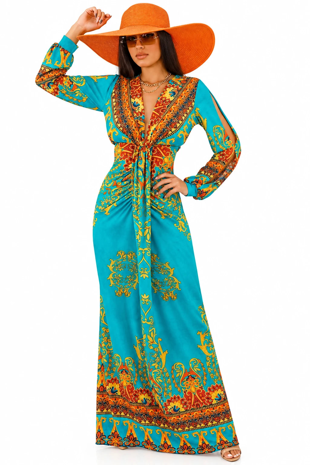 My Empire Printed Plunging-Neck Slit-Sleeve Maxi Dress