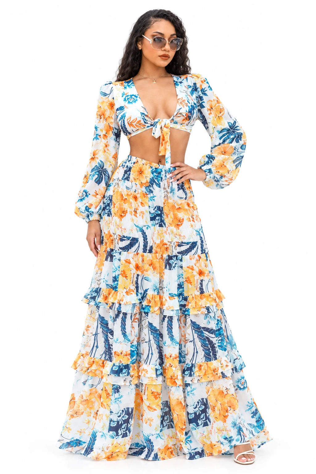 Wine Me Floral Crop Top & Ruffle Maxi Skirt Set