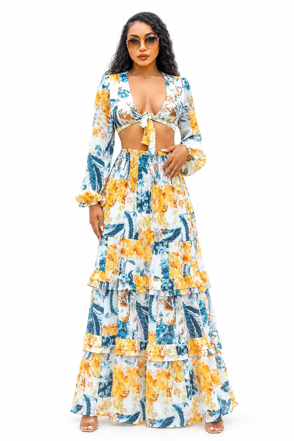 Wine Me Floral Crop Top & Ruffle Maxi Skirt Set