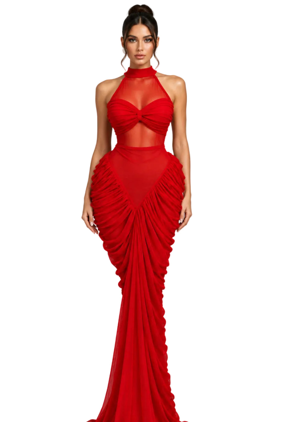 Round Neck Pleated Mesh Long Sleeve Slim-Fit Maxi Dress – Women's Elegant Evening Gown