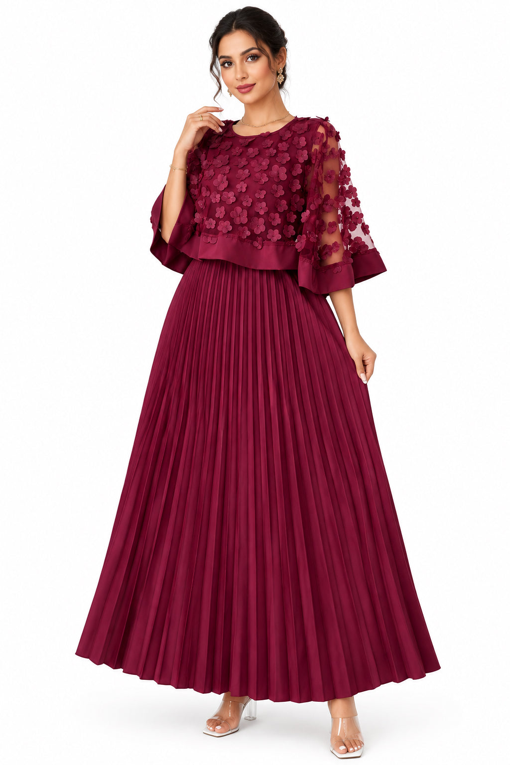 Plus Size Round-Neck Mesh Cape-Spliced Midi Dress – Women's Elegant Business Casual Dress
