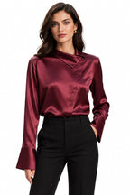 Satin Asymmetric Collar Long Sleeve Blouse – Women's Elegant Office & Evening Top
