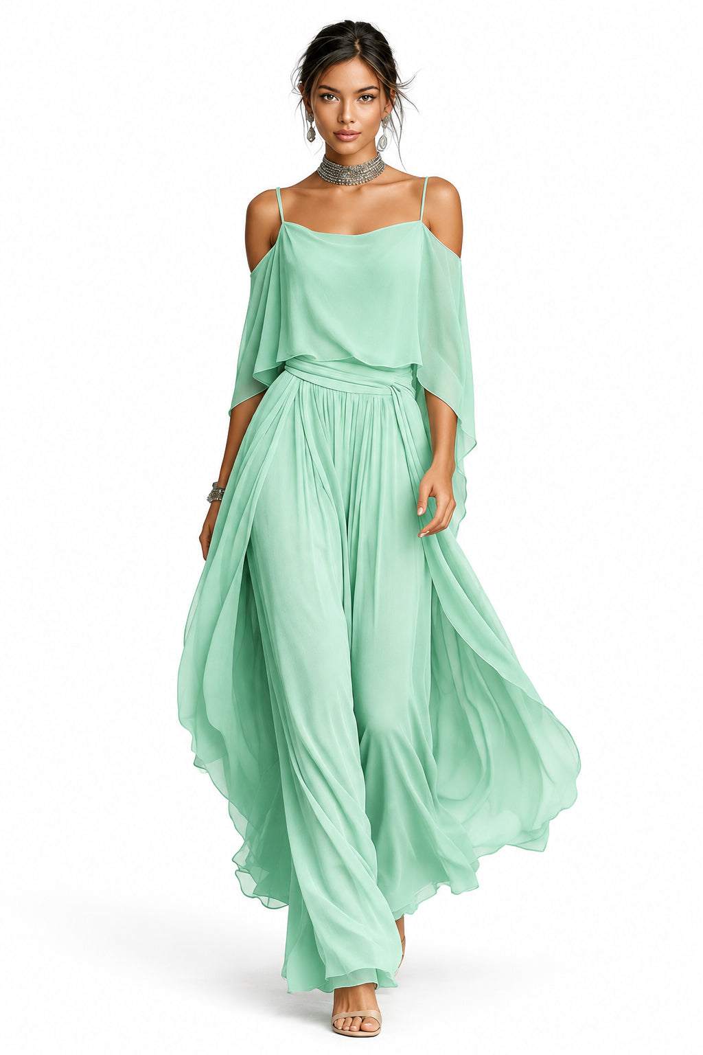 Gray Chiffon Off-Shoulder Cami & Wide-Leg Pants Set in Green