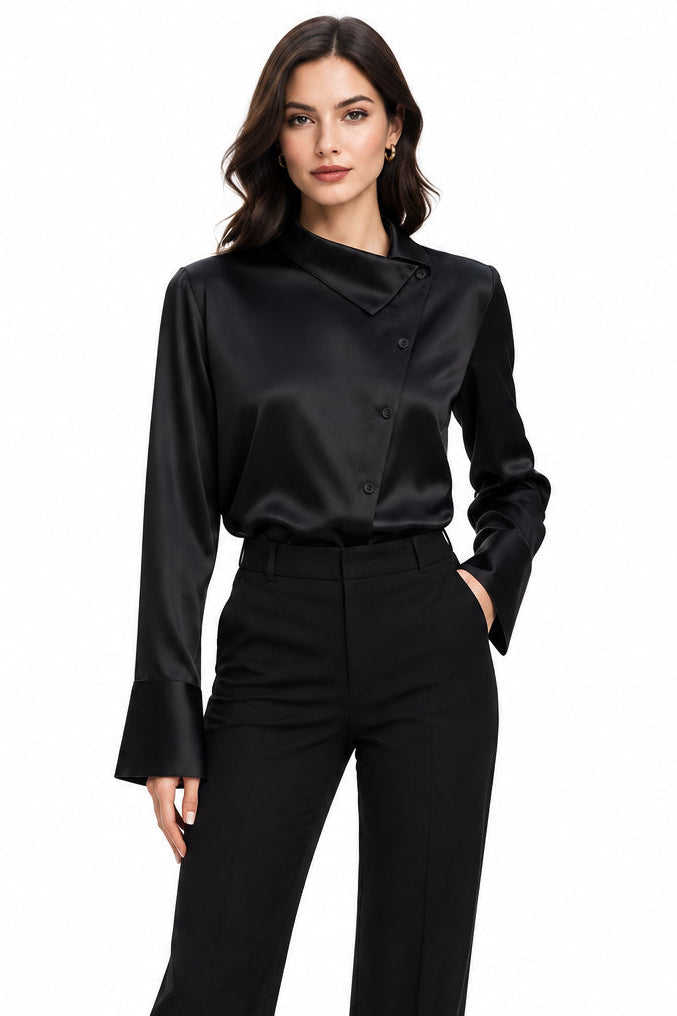 Satin Asymmetric Collar Long Sleeve Blouse – Women's Elegant Office & Evening Top