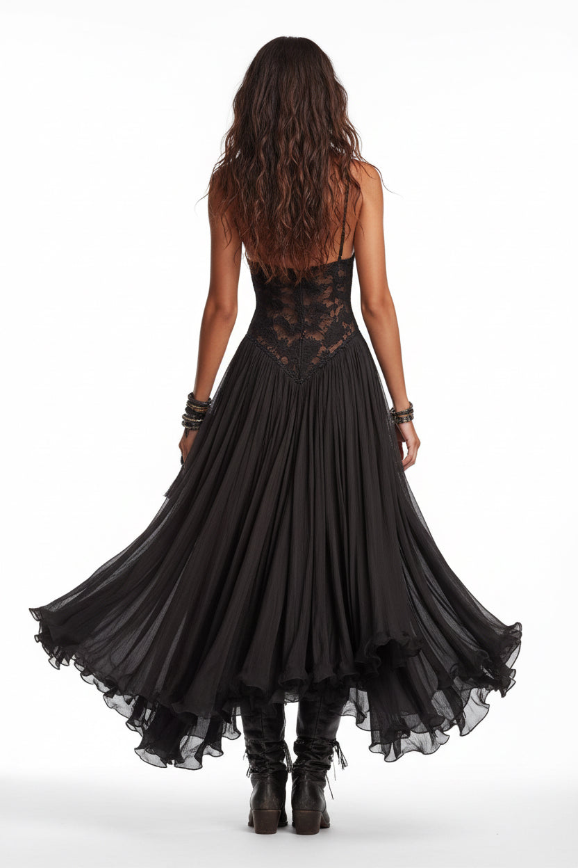 Women's Chiffon Printed Spaghetti Strap Maxi Dress – Slim Fit Retro Flowing Dress