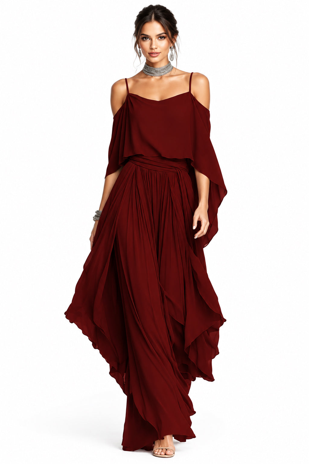 Gray Chiffon Off-Shoulder Cami & Wide-Leg Pants Set in Burgundy