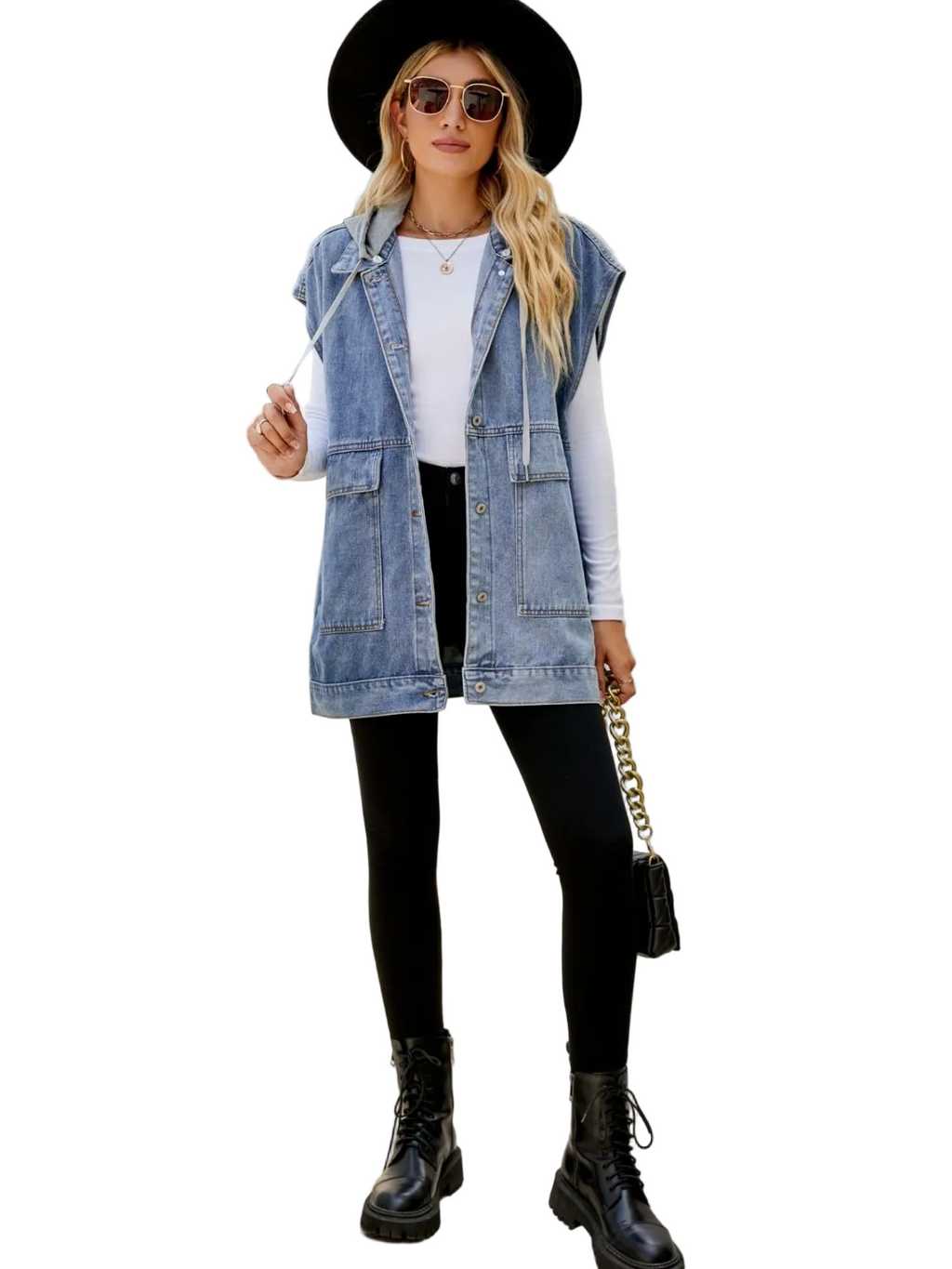 Hooded Sleeveless Denim Top with Pockets
